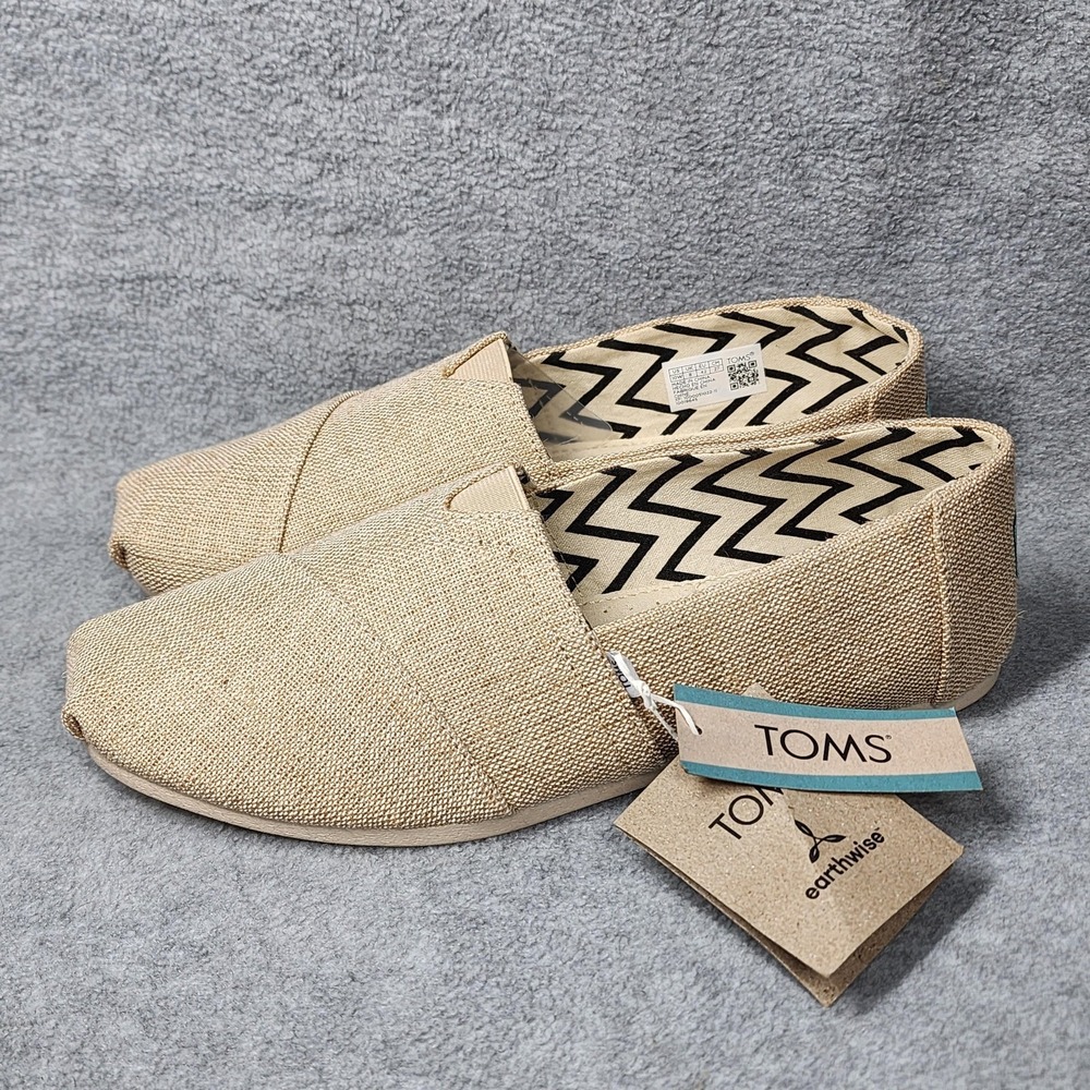 TOMS Canvas Shoes Womens Size 10W Beige‎ Slip On Comfort Flats Earthwise Casual